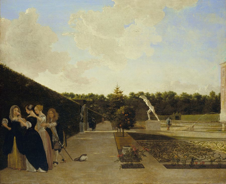 Ludolf de Jongh (1616-1679) Un jardín formal de tres señoras sorprendidas por un caballero