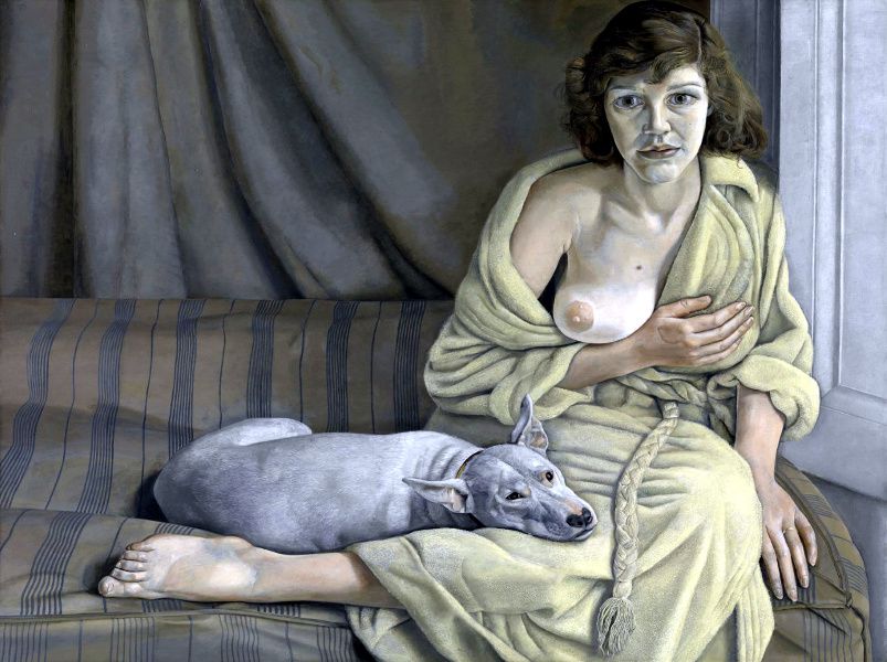 Lucian Freud (1922 - 2011)
Muchacha con perro blanco
1950-1951
Óleo sobre lienzo
76,2 x 101,6 cm