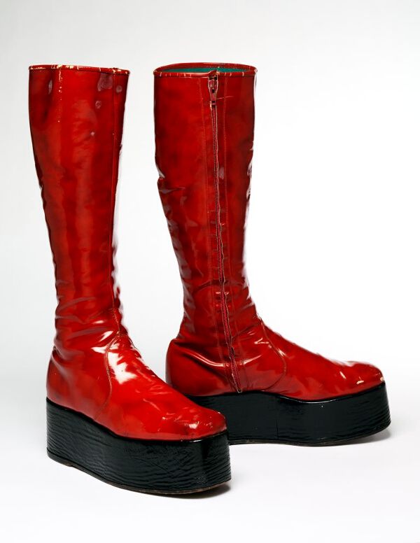 Red platform boots for the 1973 'Aladdin Sane' tour Courtesy of The David Bowie Archive